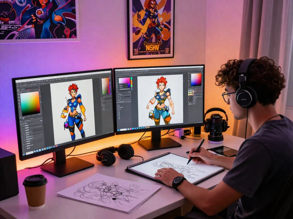 Character designer creating NSFW character art in vibrant home studio.