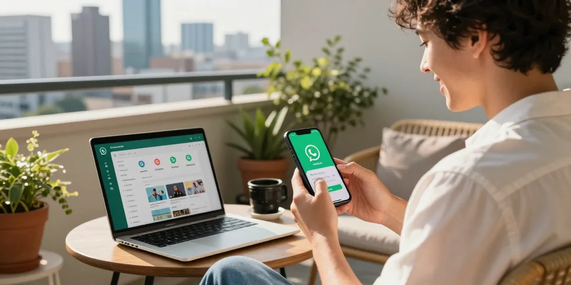 Engaged individual downloading WhatsApp on smartphone while enjoying urban balcony views, showcasing the essence of WhatsApp下載.