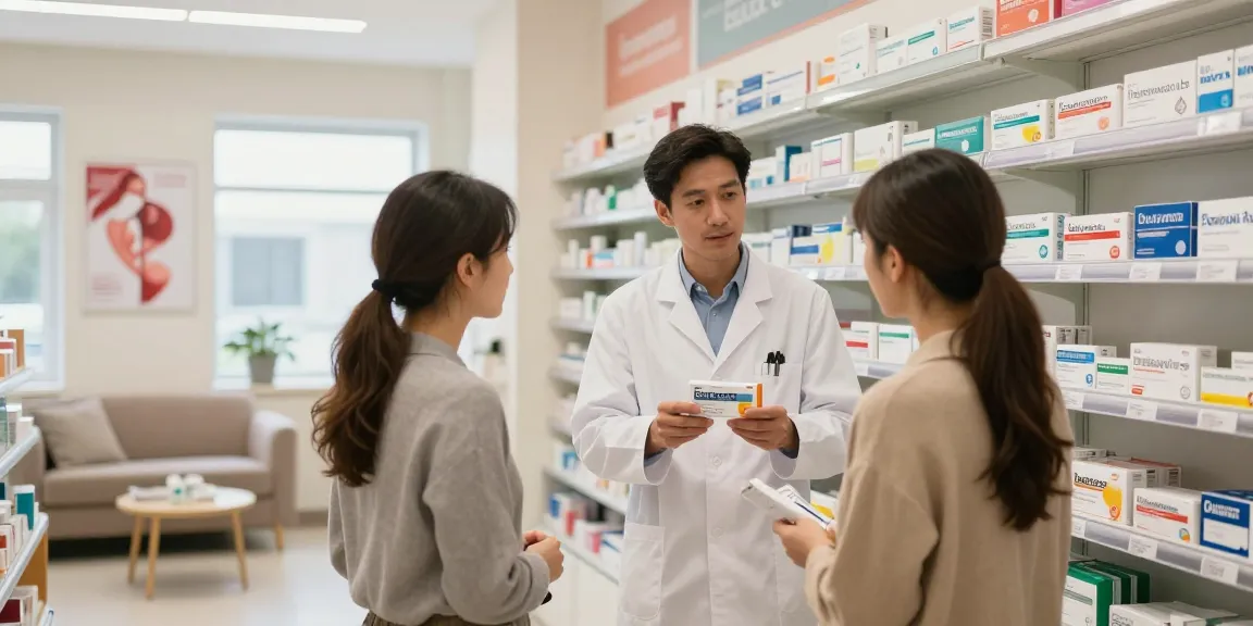 Pharmacist discussing Levitra with customer in a modern pharmacy setting, promoting accessible sexual health solutions.