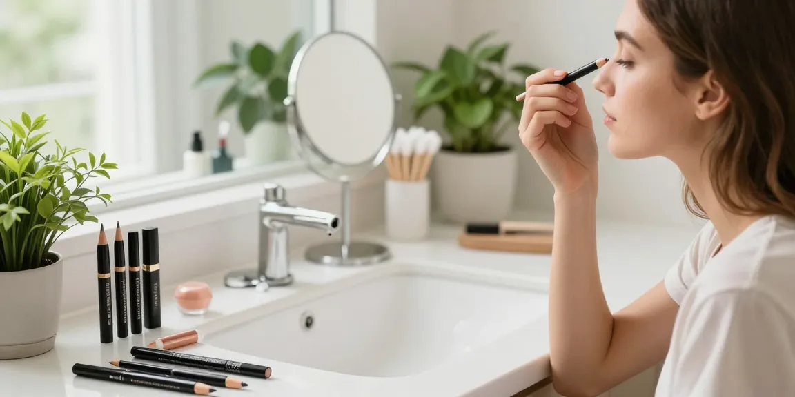 Woman applying makeup with a cosmetic pencil sharpener among beauty tools in a bright bathroom.