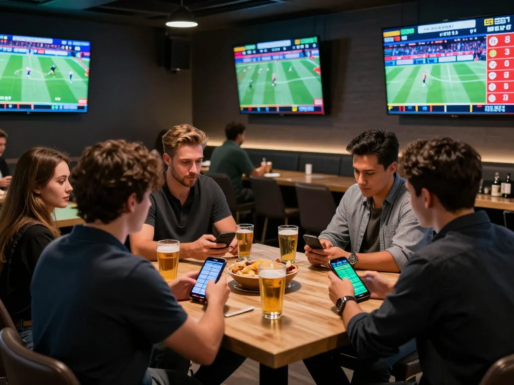 Friends enjoying a lively vaobet sports betting night with smartphones and snacks