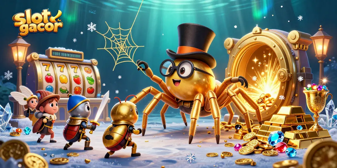 Engage in slot gacor excitement with a vibrant, dynamic 3D casino illustration featuring lively characters and rich treasures.