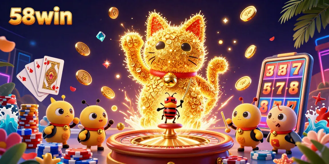 Experience the thrill of 58win with vibrant golden fireflies and casino symbols in stunning detail.