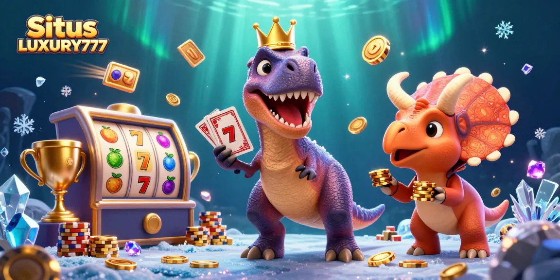 Situs LUXURY777 menunjukkan kartun T-Rex ramah yang berusaha mengocok kartu, berlatarkan simbol jackpot dan buah.