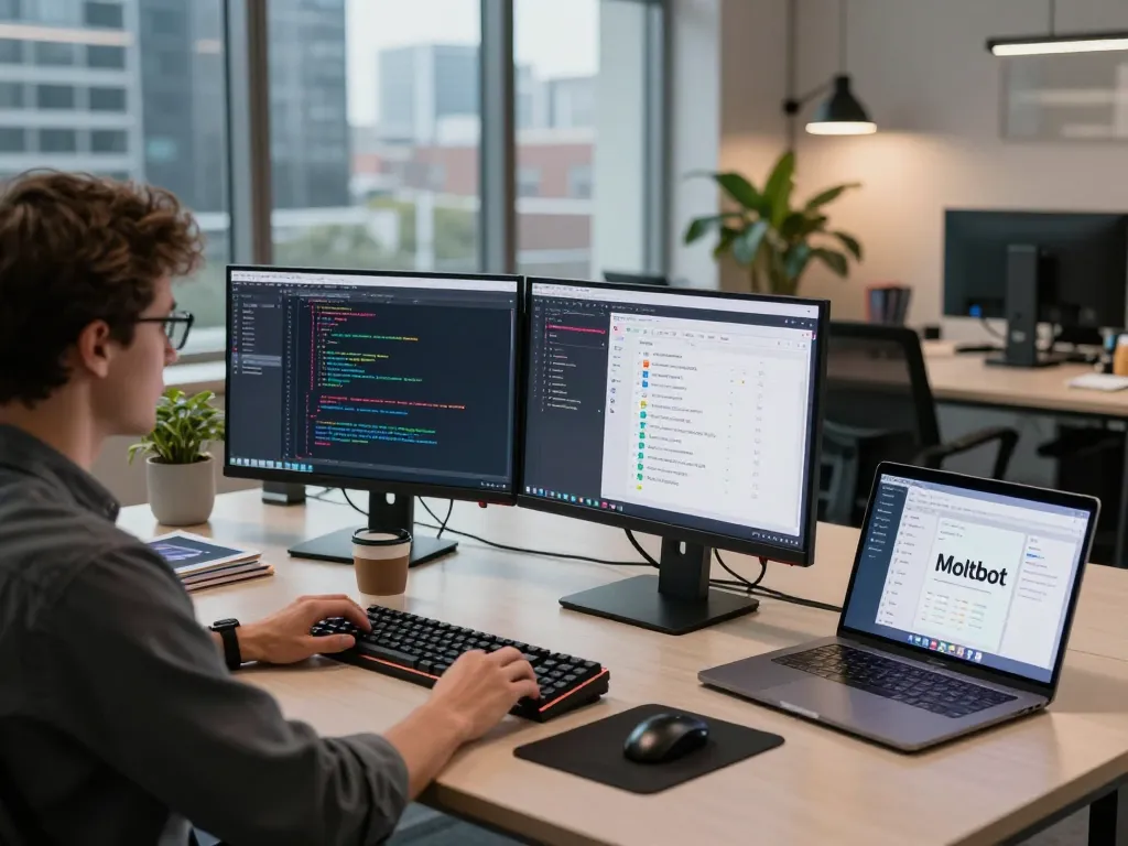 Moltbot AI enhancing productivity in a modern software development workspace with multiple screens and coding activities.