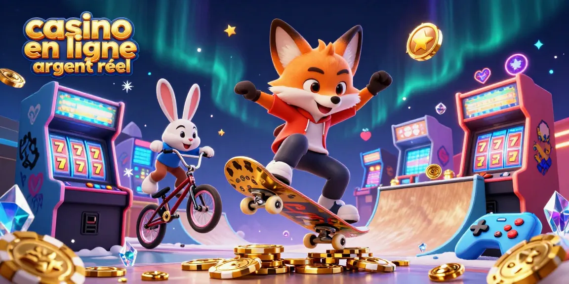 Jouez au casino en ligne argent réel avec un renard skateboarder et un lapin BMX dans une scène dynamique énergique.