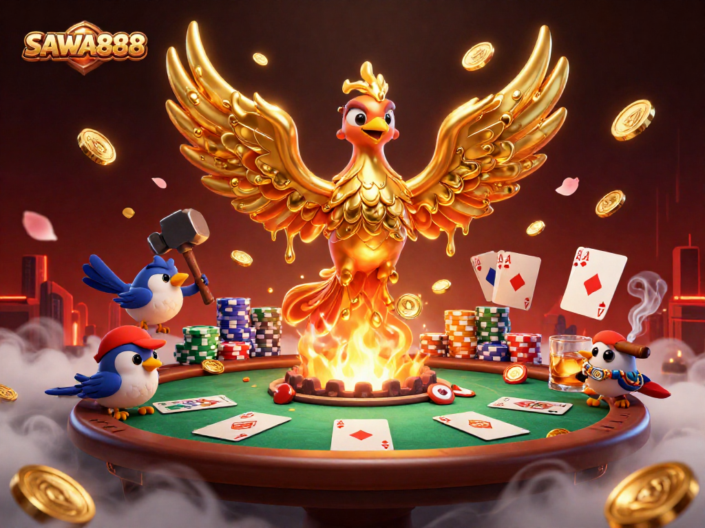Experience the thrill of SAWA888 with a golden phoenix 3D illustration showcasing poker action.