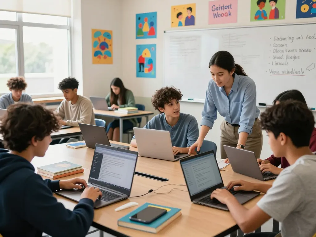 People are using AI for school work in a vibrant classroom with students learning together.