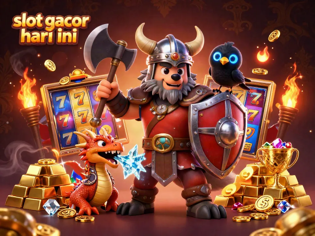 Slot gacor hari ini dalam ilustrasi penuh dengan karakter Viking, naga, dan elemen slot yang menarik.