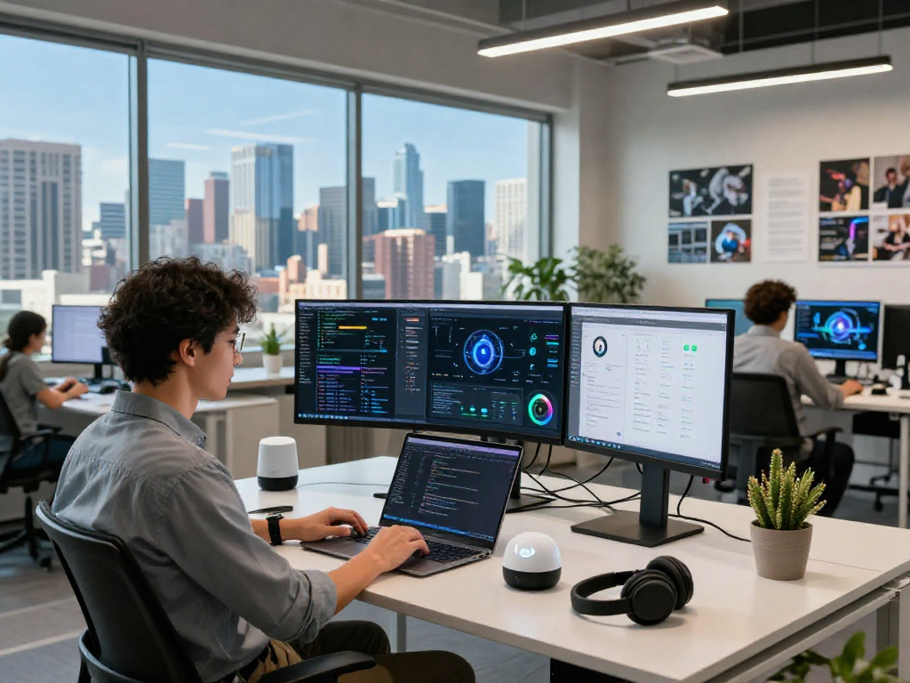 AI image detector analysis in a modern office with data visualization screens and a tech team.