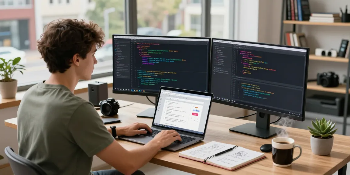Developer working on React Redux projects for beginners in a modern workspace.