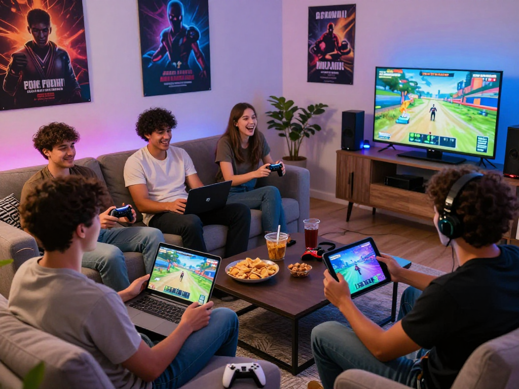 Engaging scene of friends playing exciting porngame together in a cozy living room, showcasing gaming devices and a fun atmosphere.
