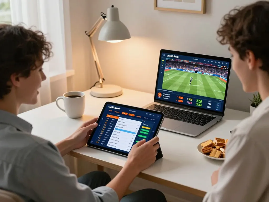 Engaging in online sports betting with uu88 okwin interface displayed on tablet while enjoying a comfortable home setup.