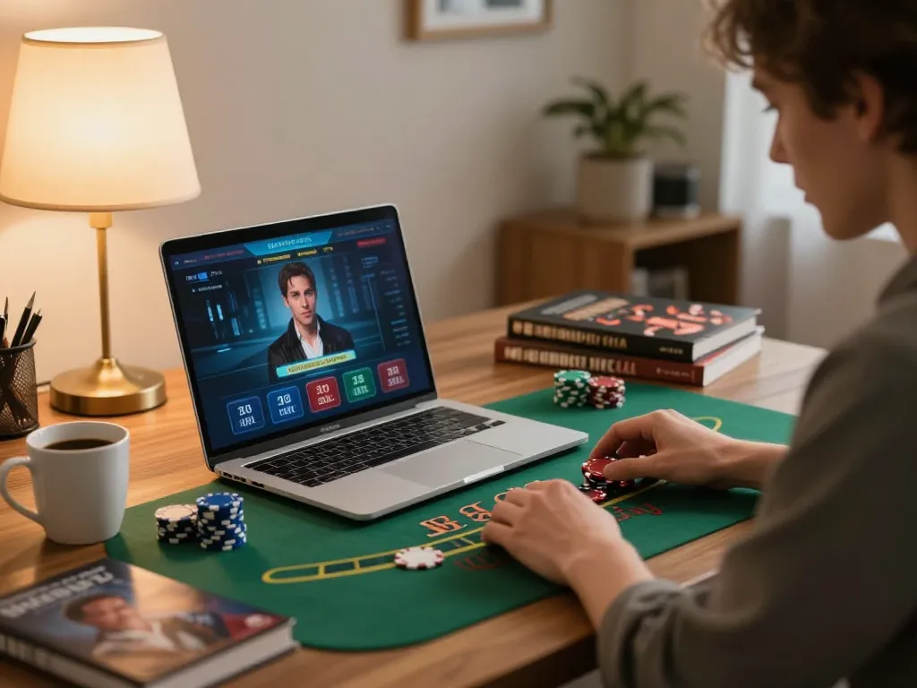 Betting in an online casino using a laptop during a cozy home gaming session.