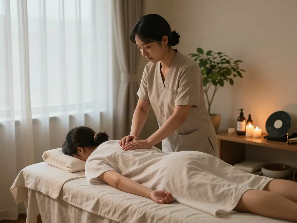 Relaxing 구월동출장마사지 scene in a serene wellness spa, featuring a therapist at work.