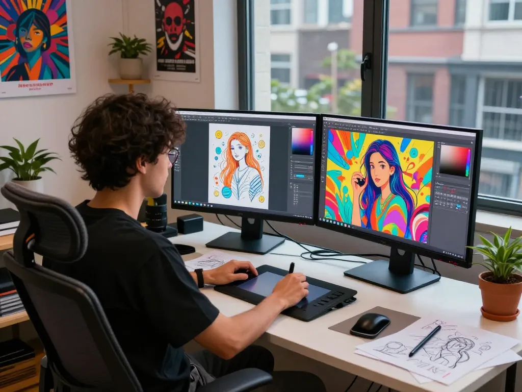 Artist crafting NSFW AI images in a vibrant digital studio environment that showcases creativity and technology.