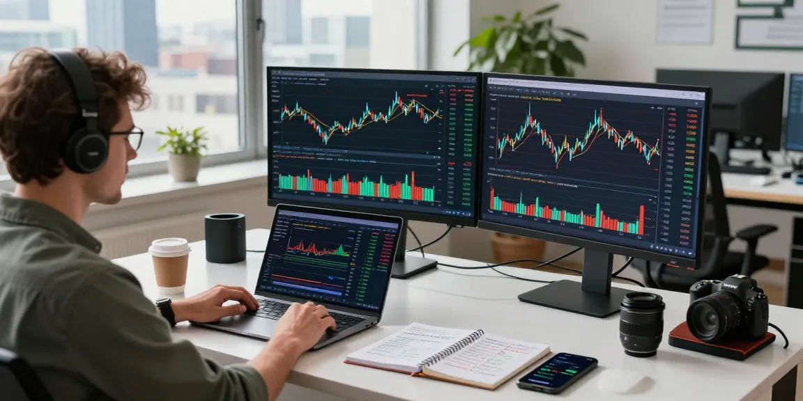 Developer analyzing real-time data on German stock historical Kline API in a modern tech workspace with multiple monitors.