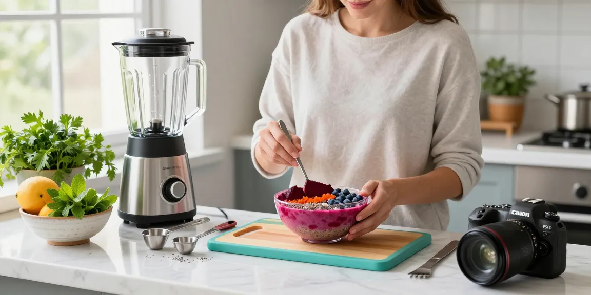 Vibrant kitchen scene blending natural astaxanthin smoothie bowl with fresh ingredients, promoting health and wellness.
