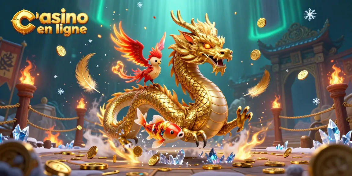 Plongez dans l'univers captivant du casino en ligne avec cette scène dynamique montrant un dragon chinois, un phénix et un poisson koï.