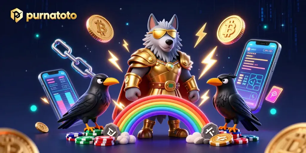Purnatoto menghadirkan Odin serigala dalam ilustrasi kasino 3D yang menarik dengan elemen crypto dan keberuntungan.