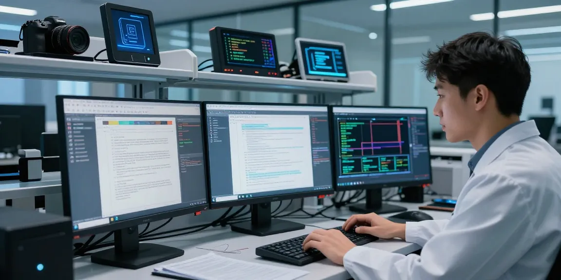 Analyst detecting fraud in PDF documents using AI technology in a modern lab.