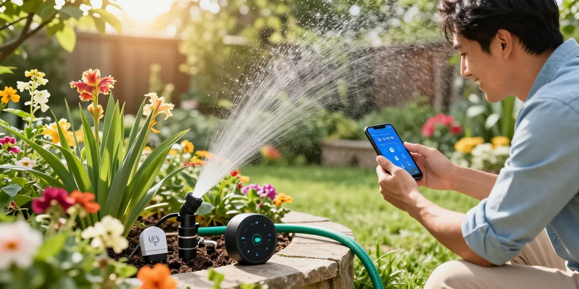 Engaged homeowner using the RainPoint WiFi water timer, ensuring efficient watering in a flourishing garden.