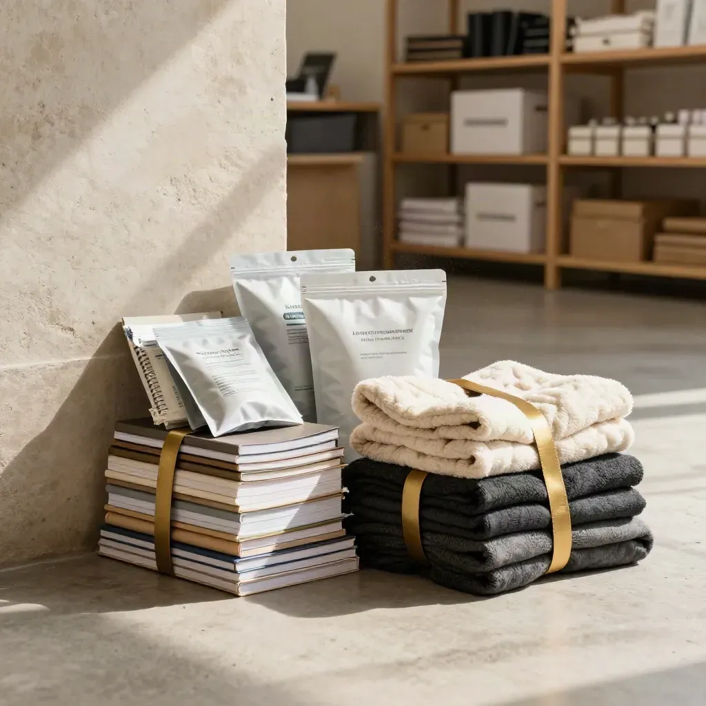 Unbranded care-kit bundles on a community drop-off floor, with blankets, notebooks and water pouches.