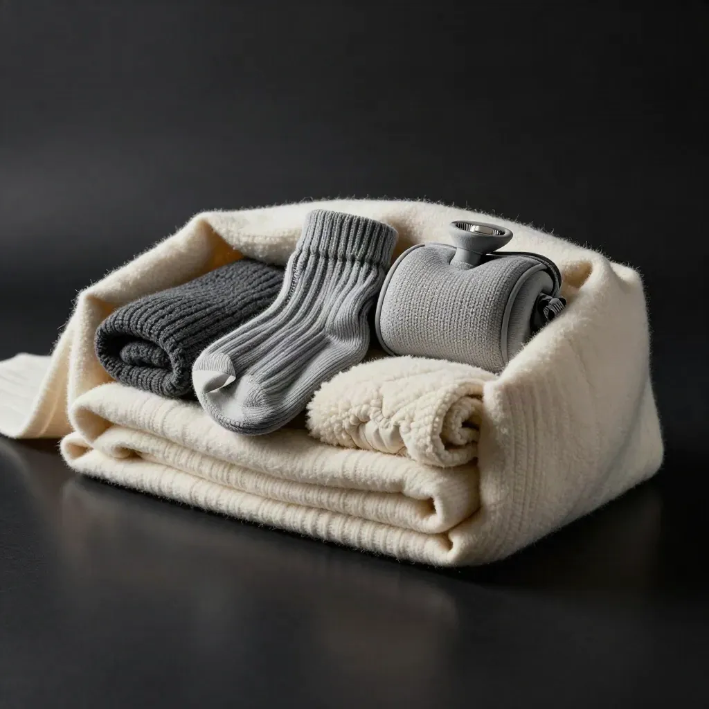 Family comfort pack half-buried in cream wool with socks, throw, wrap and heat pack in dark studio light