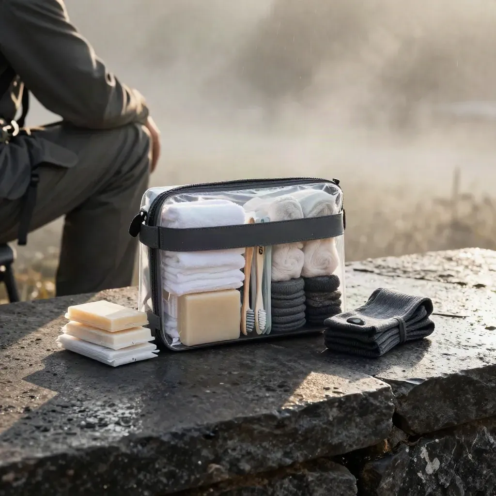 Sealed family relief kit pack with towels, soap, toothbrushes and socks on wet stone at dawn.