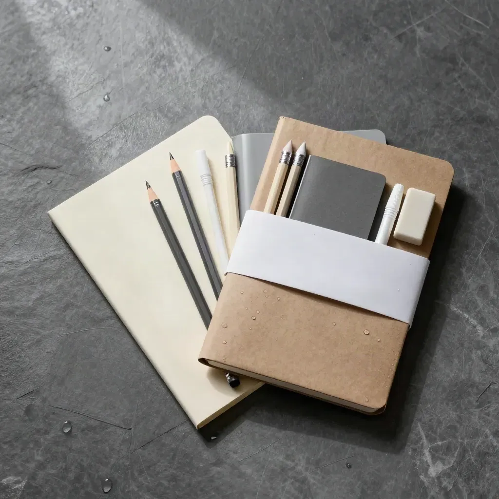 Overhead flatlay of a school supply pack on wet slate with notebooks, pencils, crayons and glue sticks.