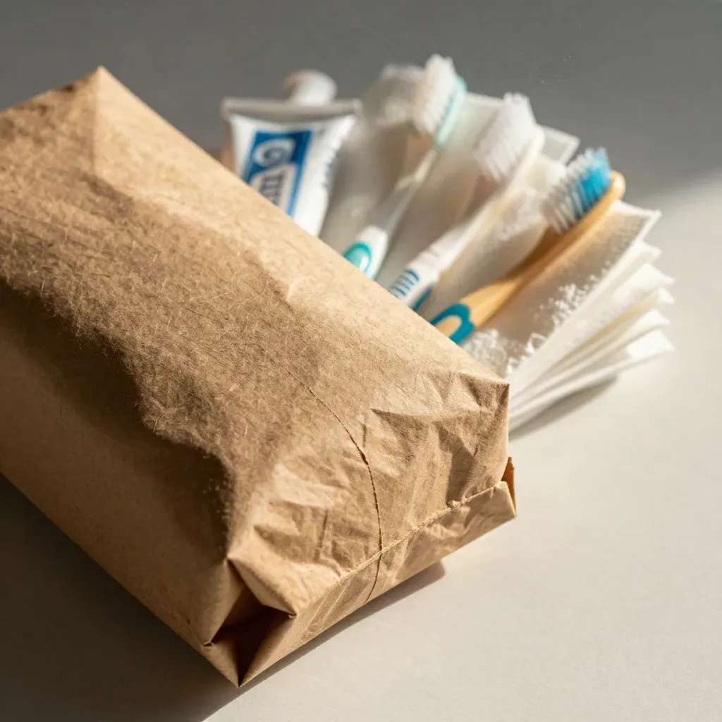 Hygiene kit bundle with soap, toothpaste, toothbrushes, wipes and a washcloth on pale plaster.