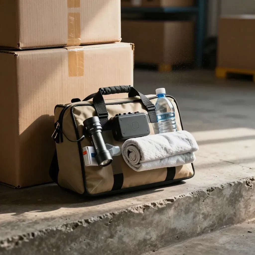 Emergency relief kit with flashlight, water and blanket on a concrete step in a warehouse bay