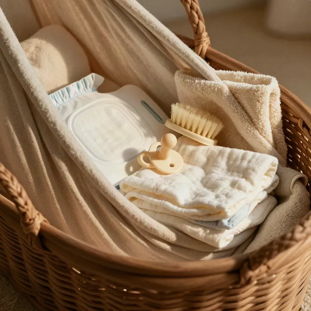 Baby care kit in a linen sling with diapers, wipes, washcloth, bottle brush and blanket, close-up.