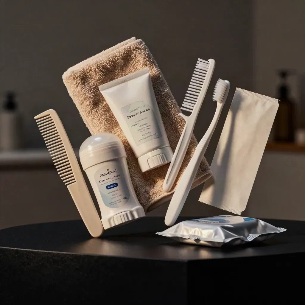 Teen hygiene kit items suspended in a dark studio with towel corners, soft rim light, and a black surface.