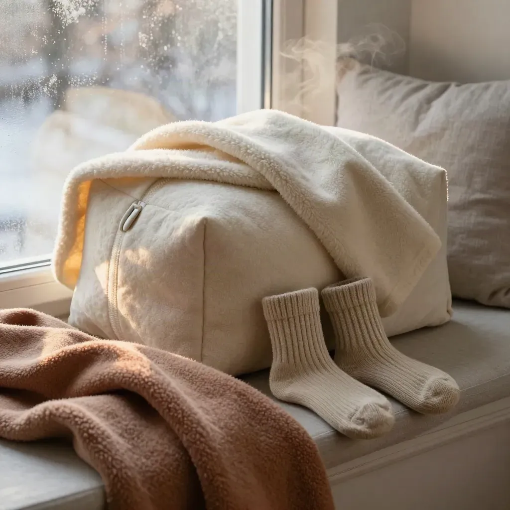 Cold weather pack with blanket and socks by a frosted window in soft morning light.