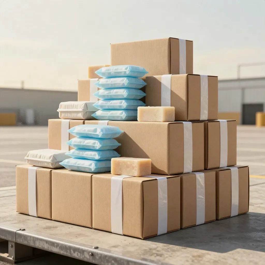 Stack of sealed care kits and relief boxes on a sunlit dock in a premium hero shot.