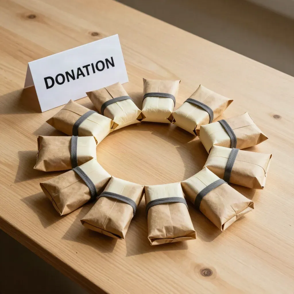 Ten unbranded donation kits arranged in a ring on pale wood, overhead flatlay