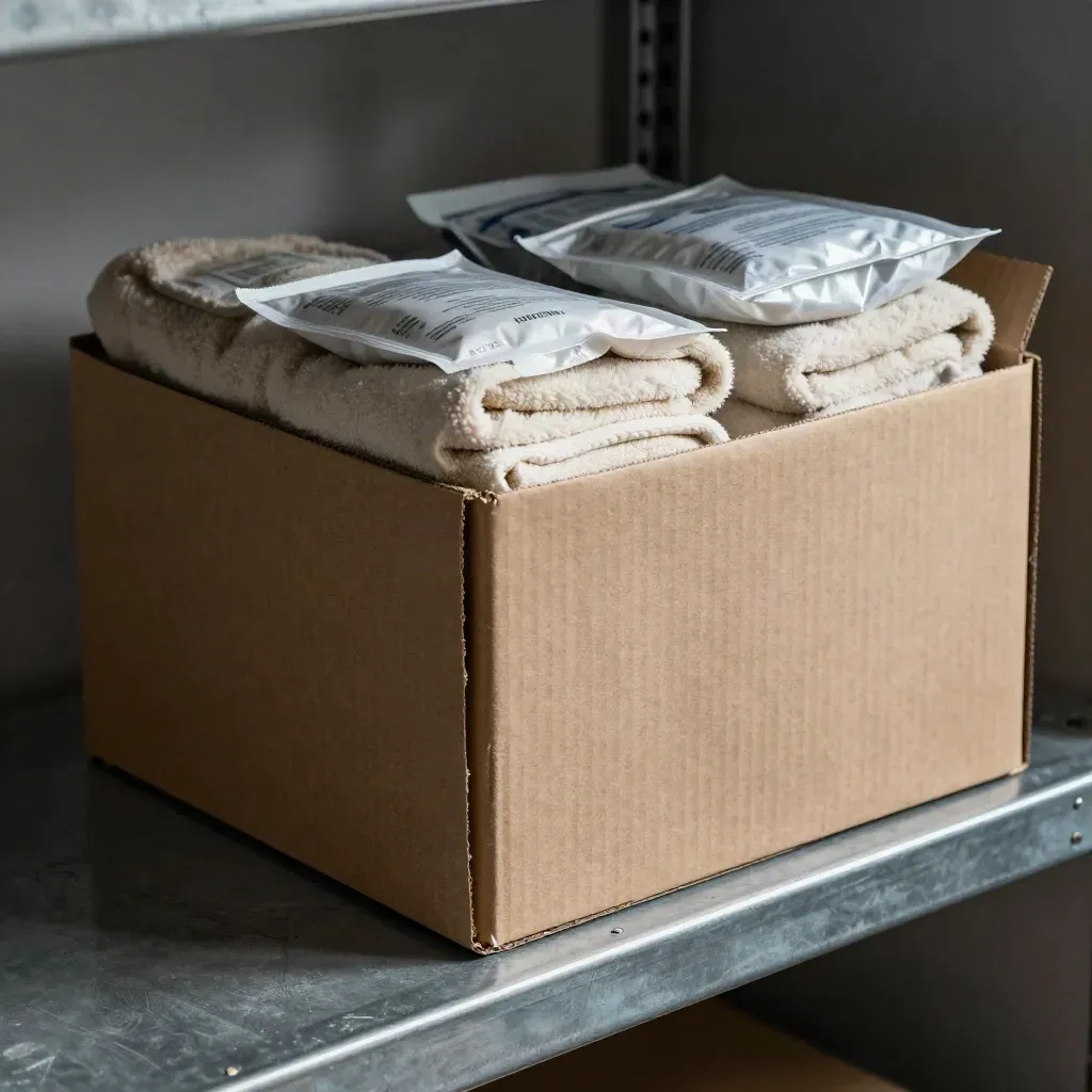 Half-open shelter restock box with blankets and hygiene packs on a galvanized shelf