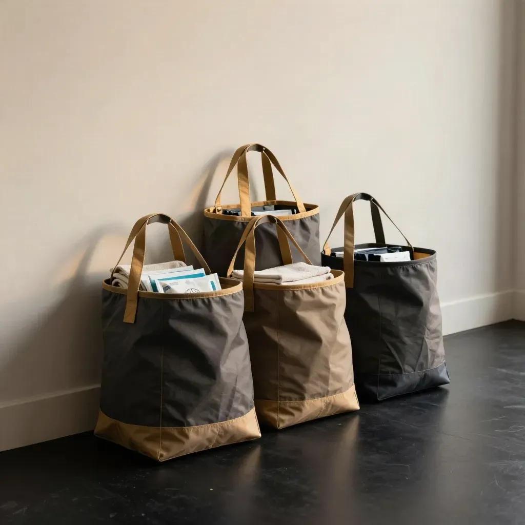 Three relief totes filled with kits and towels against a pale wall in dramatic light.