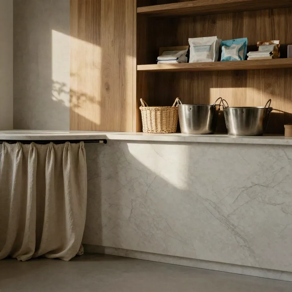Sunlit shelter intake room with marble counter, linen drape and supply baskets.