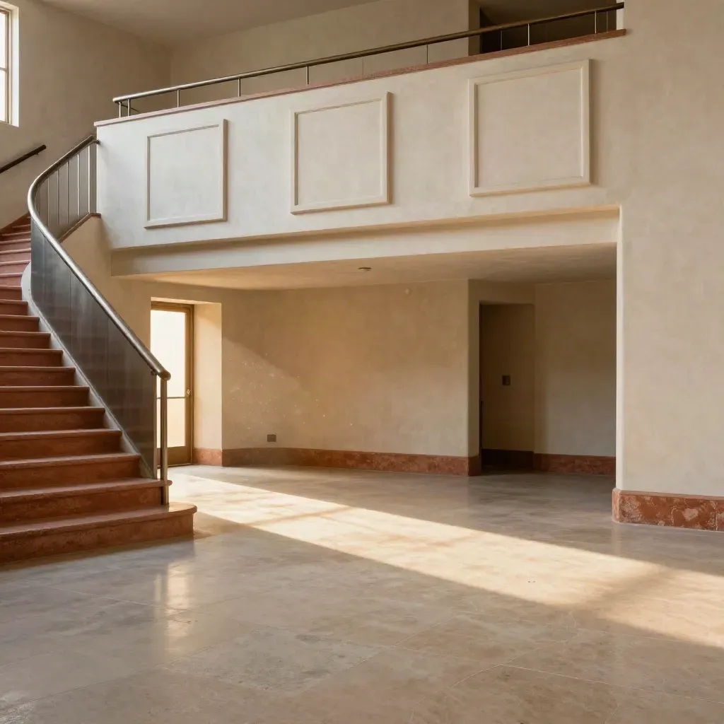 Sunlit community hall stair with relief boxes on the landing, calm floor below.