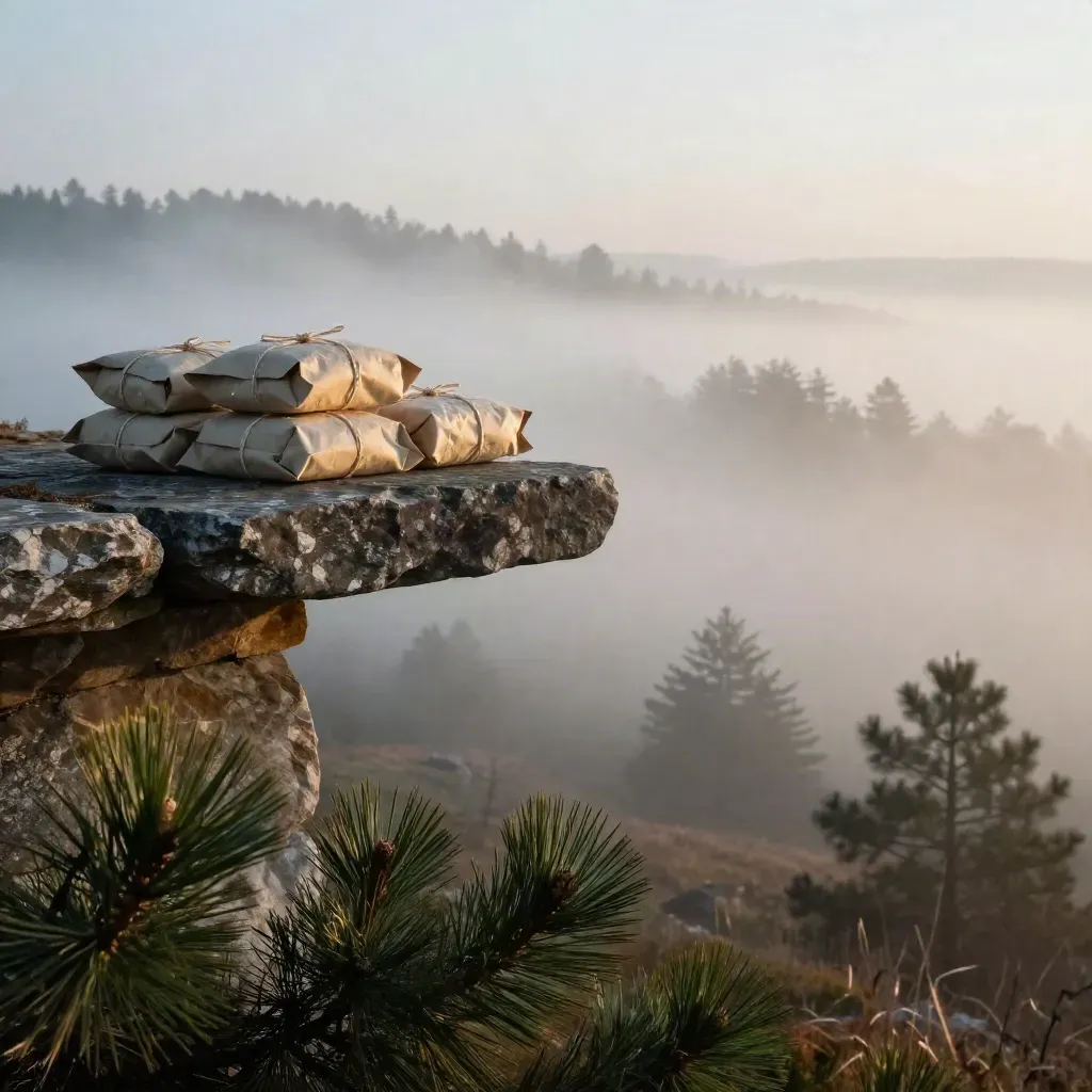 Misty pine hillside with parcels on a stone ledge above a bright foggy valley.