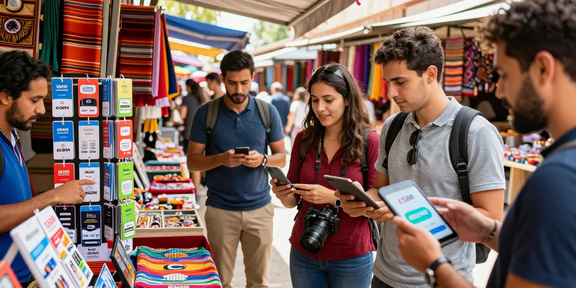 Travelers at a vibrant market discovering esim promo codes for eSIM plans.