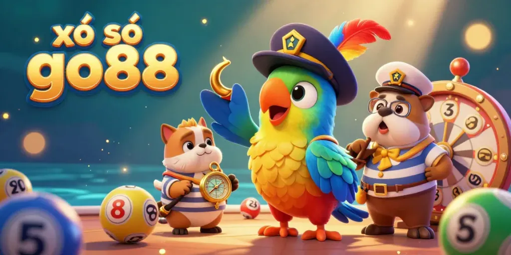 Experience the excitement of xổ số go88 with a vibrant 3D illustration of lottery games, featuring colorful characters and elements.