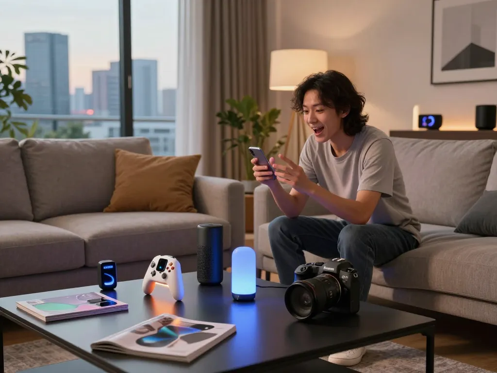 Showcasing innovative tech gadgets in a modern living room environment, featuring Bluetooth controllers and smartwatches.