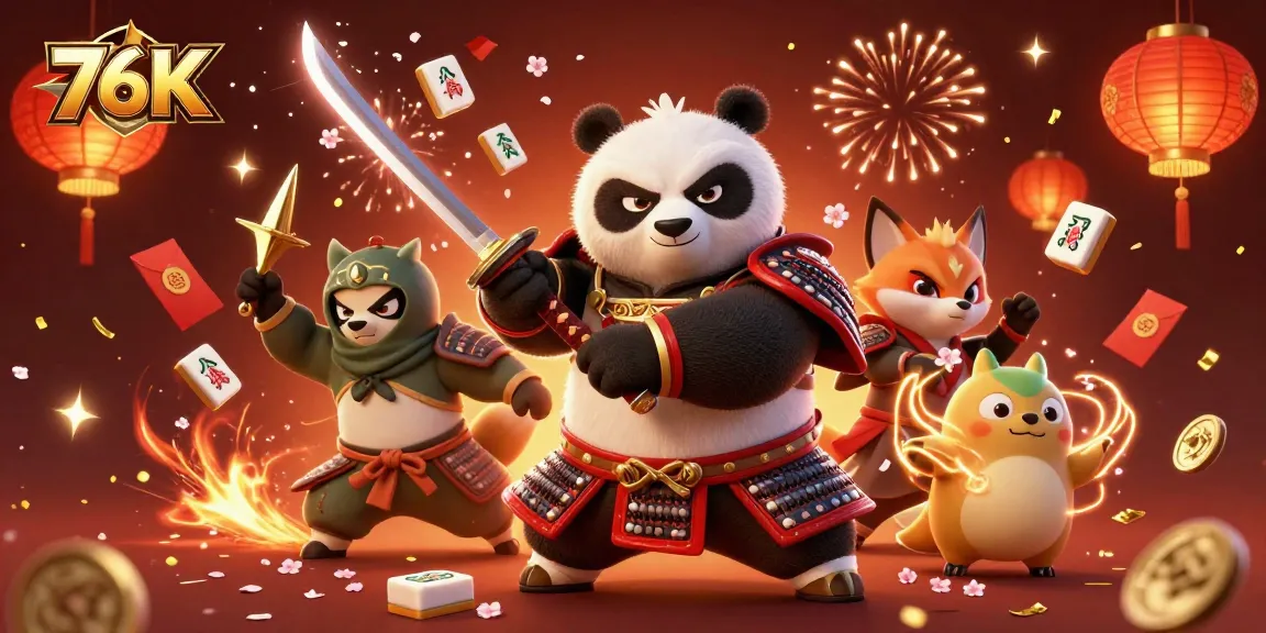 Experience excitement at 76K with dynamic gameplay scenes featuring samurai panda and ninja fox.