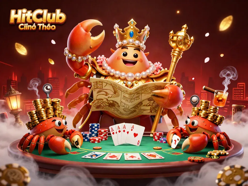 Engage in thrilling gameplay at HitClub Chính Thức with a vibrant 3D cartoon illustration showcasing a golden crab emperor and poker elements.
