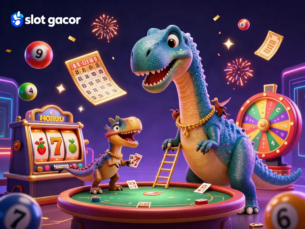 Play slot gacor with a giant brontosaurus and raptor dealer in a vibrant casino scene.