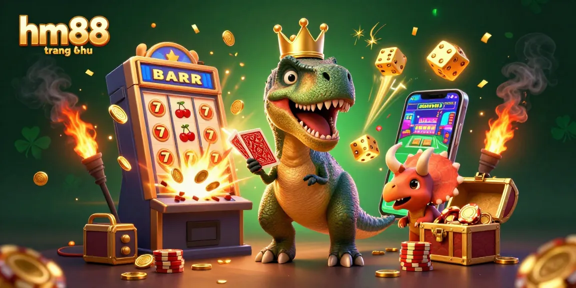 Engage with the vibrant world of hm88 trang chủ, featuring a T-Rex shuffling cards among dynamic casino elements and an explosive jackpot!