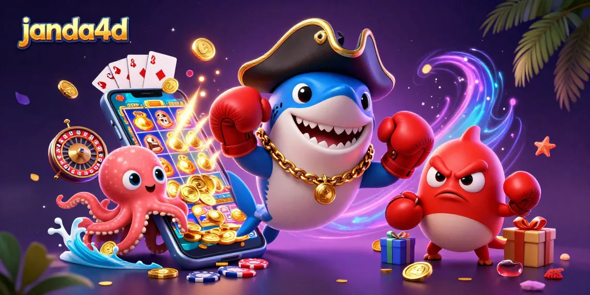 Permainan slot seru di janda4d dengan hiu kartun, ikan puffer, dan bayi octopus.